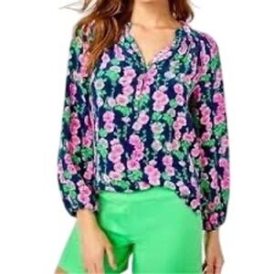 LILLY PULITZER Elsa 100% Silk Top Oyster Bay Navy De Vine, Size XXL